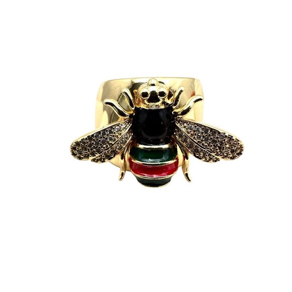 Bee Ring Black Red Green Enamel Clear Crystal 18K Gold Plated Adjustable Size - Picture 5 of 7